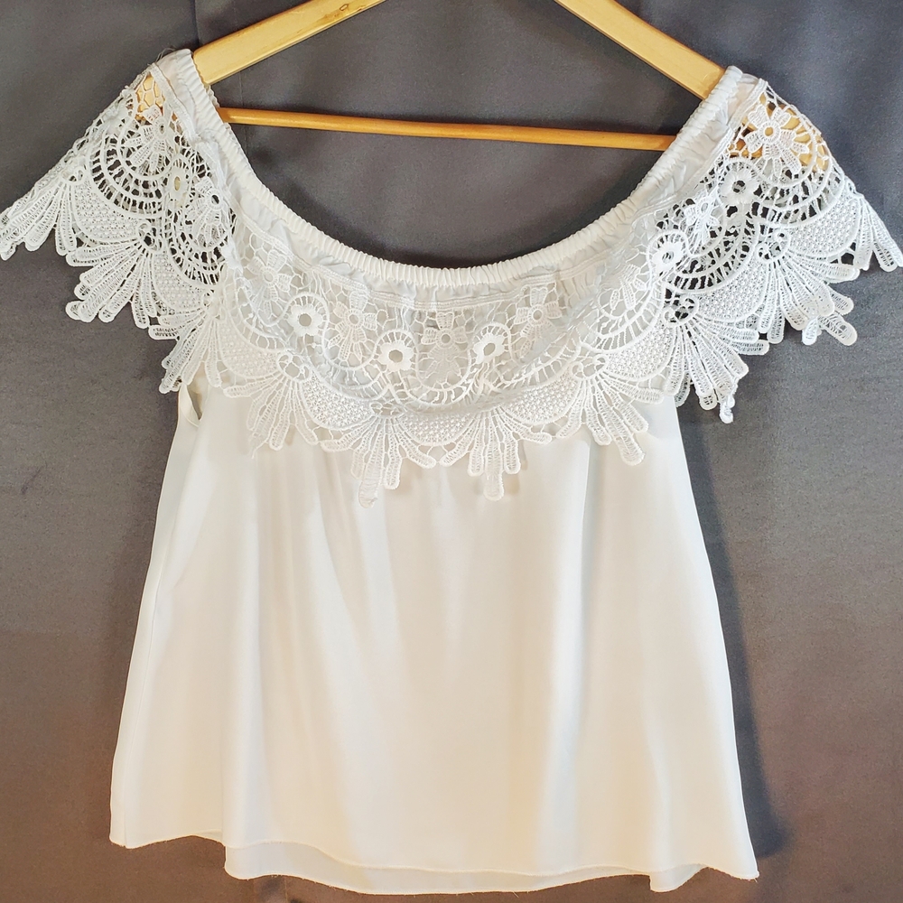 Absolute Angel New York Lg- White laced gathered neckline -Cropped/ sheer bodice